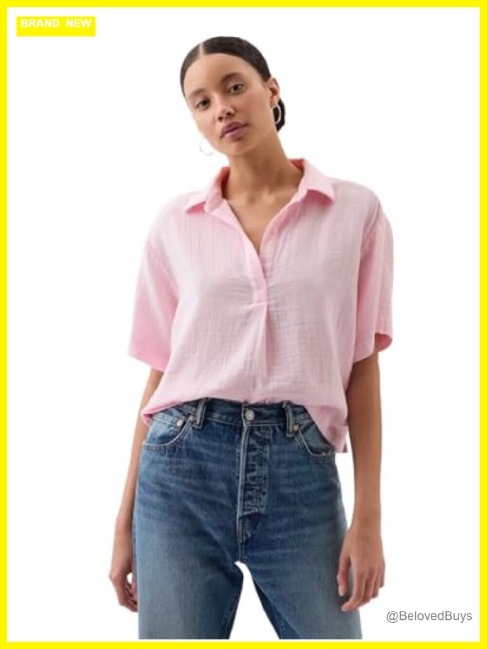 Gauze Popover Top Short Sleeve Johnny Collar Relaxed Fit